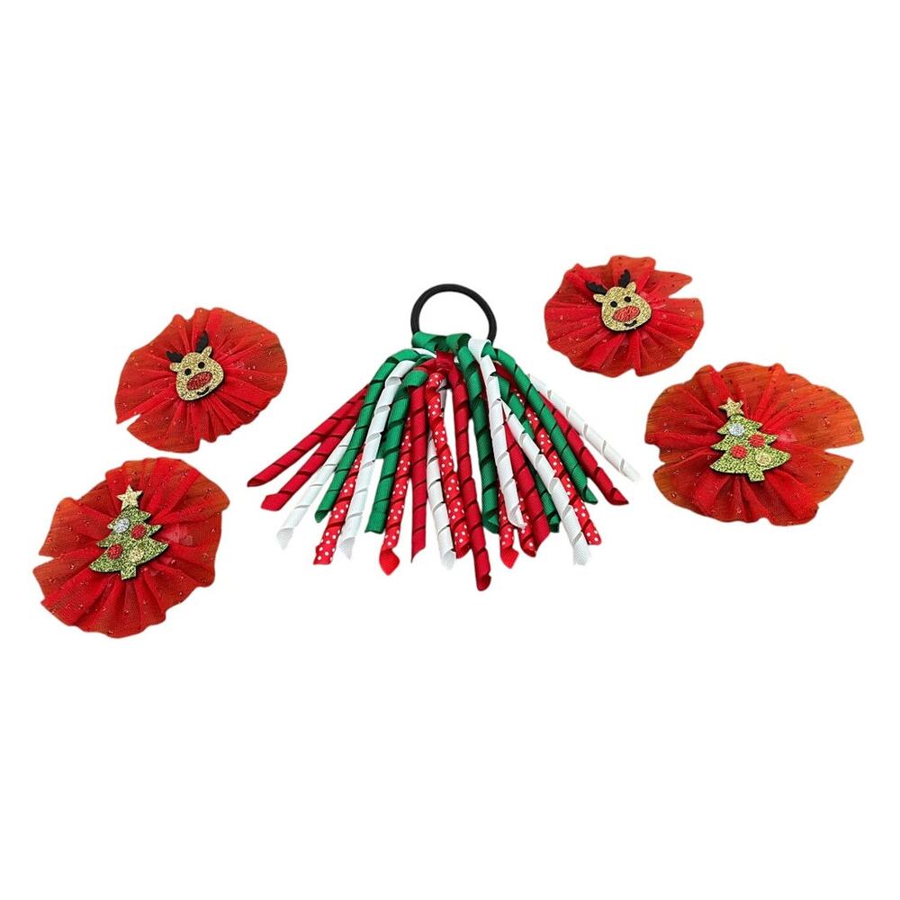 Lot of 5 Holiday Hair Accessories Dressy Bows Clip Elastics Reindeer